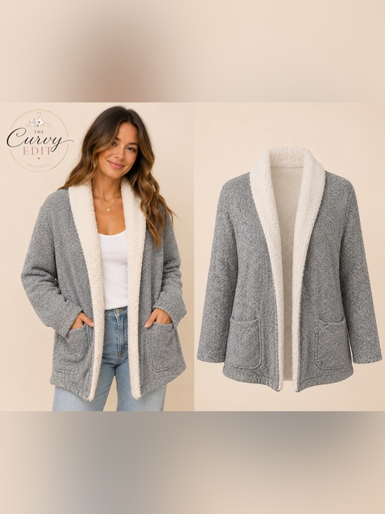 Sweaters - Style & Co XL Gray Sherpa Trim Open Front Cardigan Cozy Pockets Casual Chic